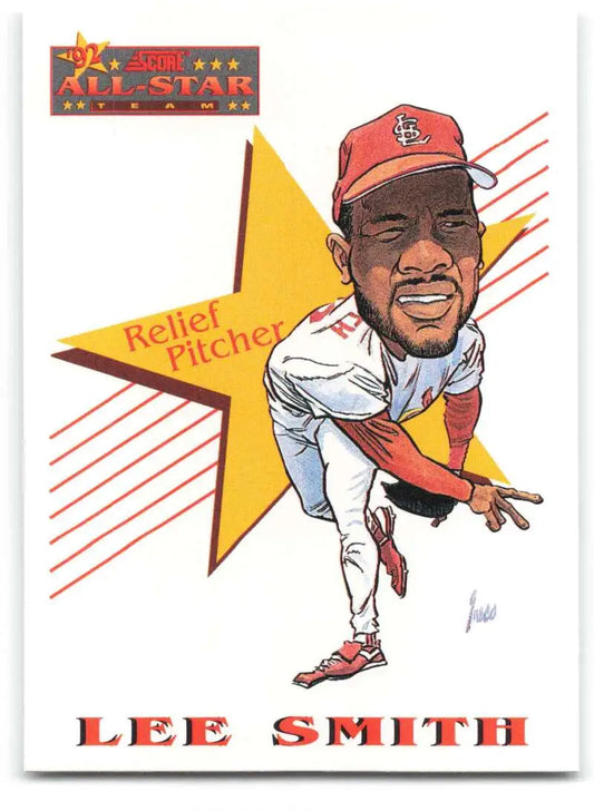 Caricature-style illustration of Lee Smith, St. Louis Cardinals, on baseball card