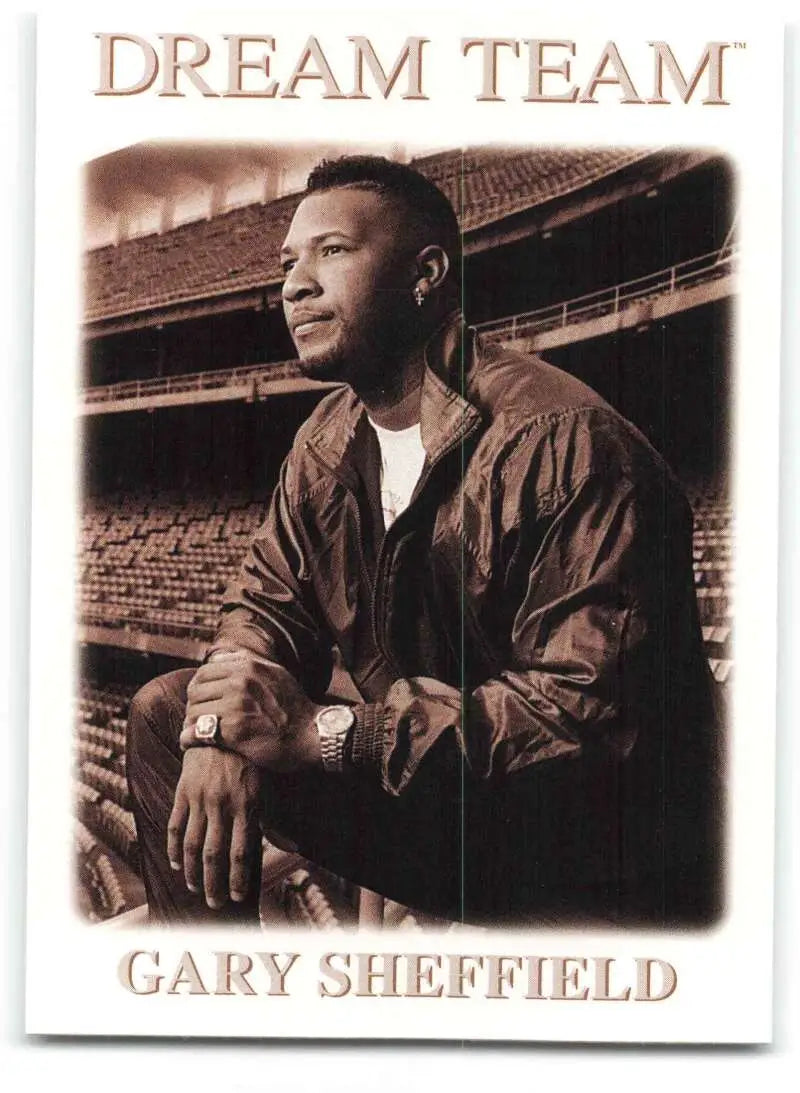 Sepia-toned Gary Sheffield baseball card in leather jacket at San Diego Padres stadium