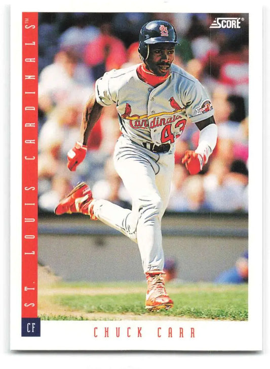 Baseball card of Chuck Carr running for the St. Louis Cardinals on the field