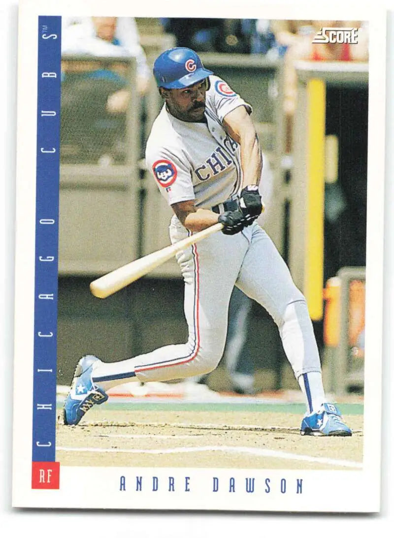 Chicago Cubs Baseball Card of Andre Dawson swinging a bat in white uniform