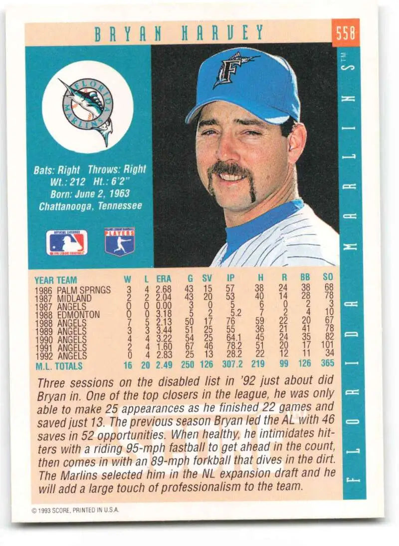 Bryan Harvey Florida Marlins baseball card with player in blue cap and white uniform