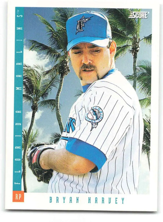 Bryan Harvey Florida Marlins baseball card in white pinstriped uniform and blue cap