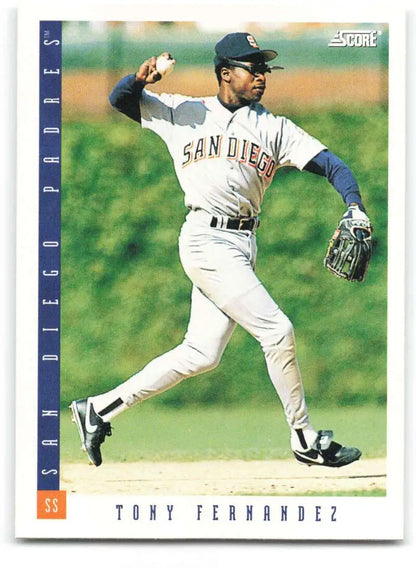 Baseball card of San Diego Padres player Tony Fernandez in mid-throwing motion