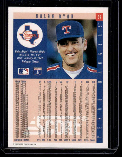 Nolan Ryan Texas Rangers baseball card featuring player in blue cap with T logo