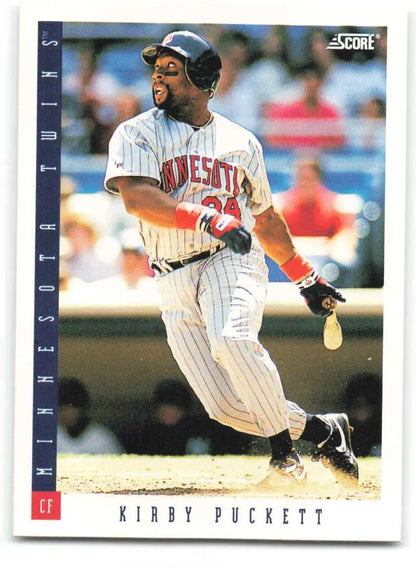 Kirby Puckett Minnesota Twins baseball card, player in white pinstriped uniform at bat