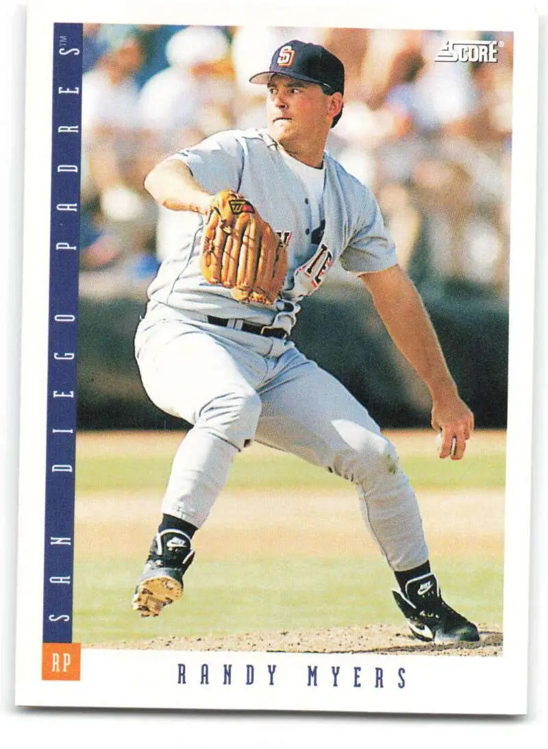 Randy Myers pitching on a 1993 San Diego Padres baseball card in mid-delivery