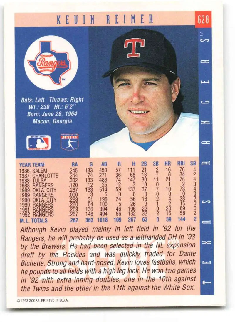 Baseball card of Kevin Reimer in a black T cap for Texas Rangers collectors