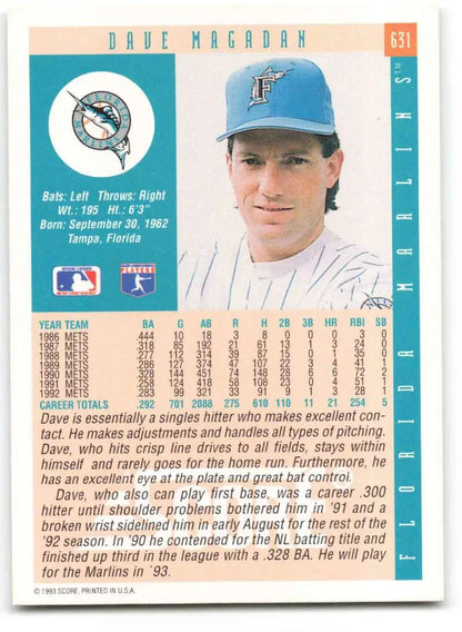 1993 Score #631 Dave Magadan Florida Marlins Baseball Card with light blue cap