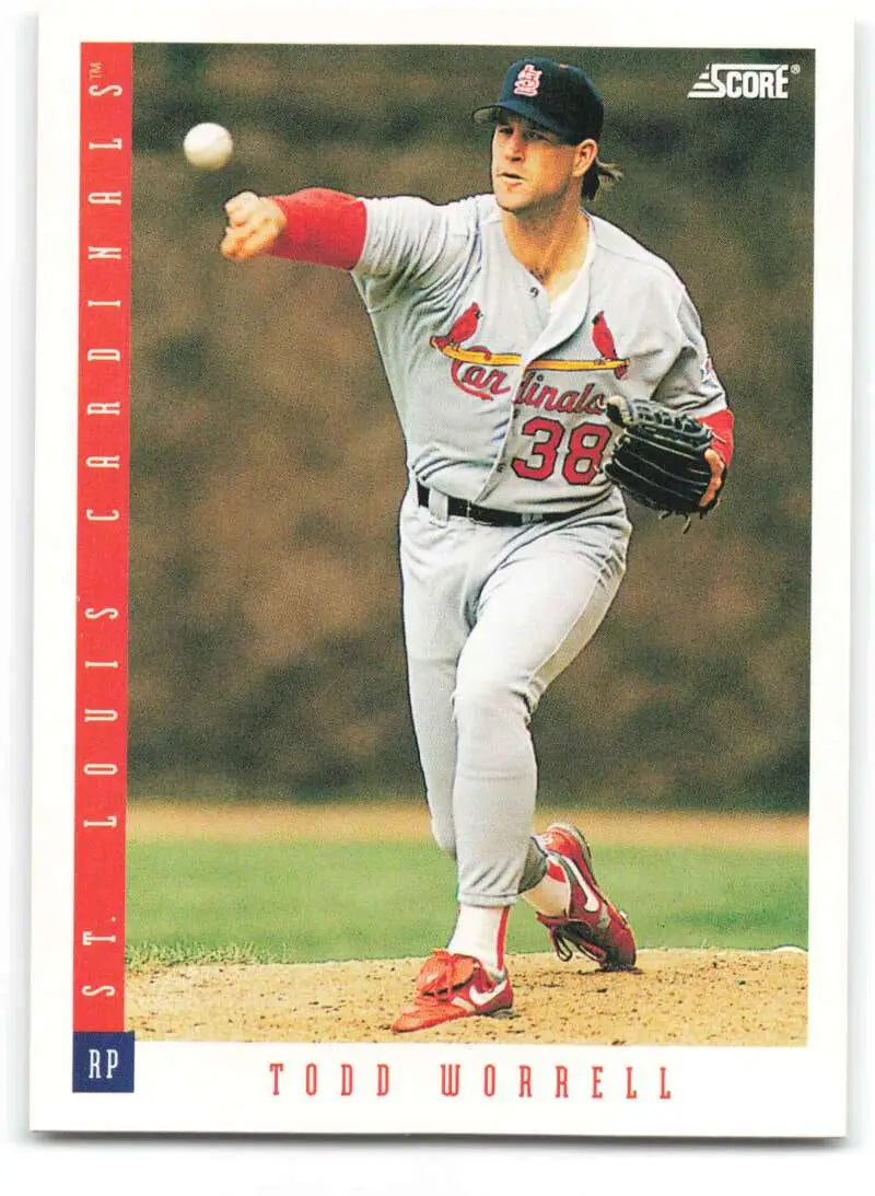 Todd Worrell in St. Louis Cardinals gray uniform throwing a pitch on baseball card