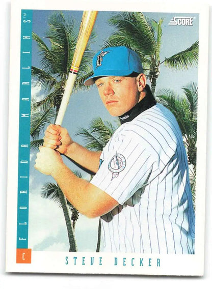 Florida Marlins Baseball Card of Steve Decker in pinstripe uniform with palm trees