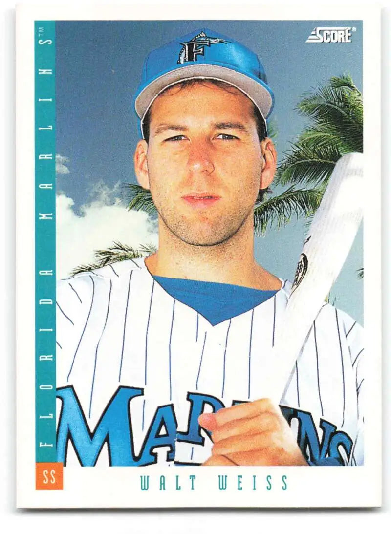 Walt Weiss Florida Marlins Baseball Card in pinstriped uniform and blue cap