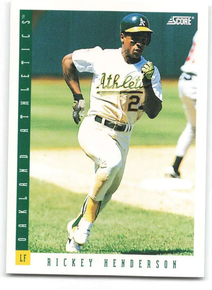 Rickey Henderson sprinting on the field in an Oakland Athletics uniform, baseball card