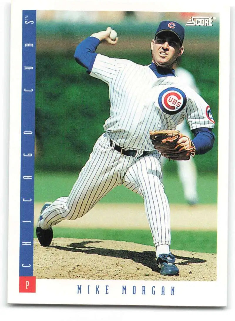 Baseball card of Mike Morgan, Chicago Cubs pitcher in pinstriped uniform mid-throw