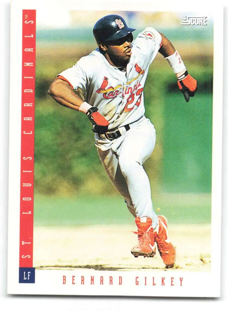 Baseball card of Bernard Gilkey in St. Louis Cardinals uniform with red accents