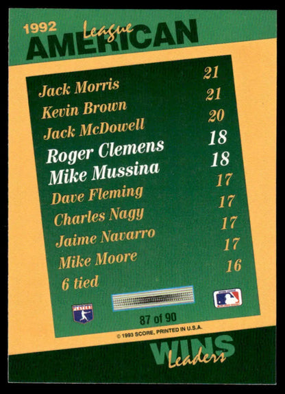 Baseball card featuring 1992 American League wins leaders for Red Sox and Orioles