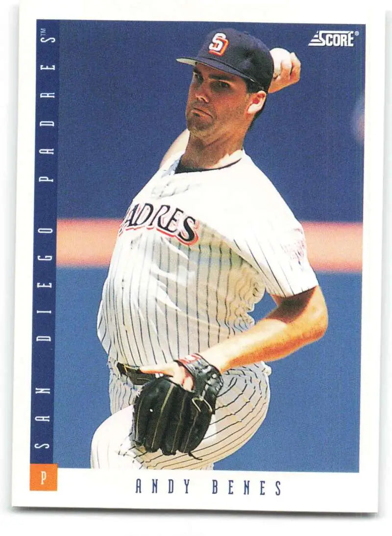 Andy Benes baseball card featuring San Diego Padres pitcher in white pinstriped uniform