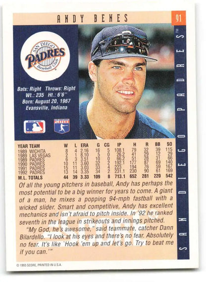 Baseball card of Andy Benes in San Diego Padres cap from 1993 Score collection