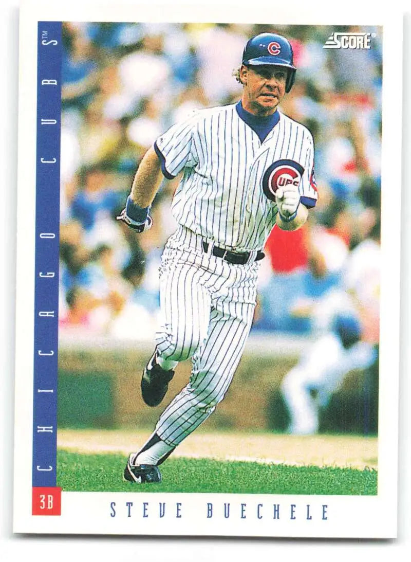 Steve Buechele Chicago Cubs Baseball Card with player in pinstriped uniform running