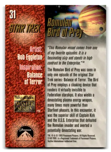 1993 Skybox Star Trek Master card showcasing the Romulan Bird of Prey spacecraft with original gloss