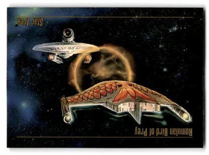 Two Star Trek spacecraft, USS Enterprise and Klingon Bird of Prey, on Skybox Star Trek card