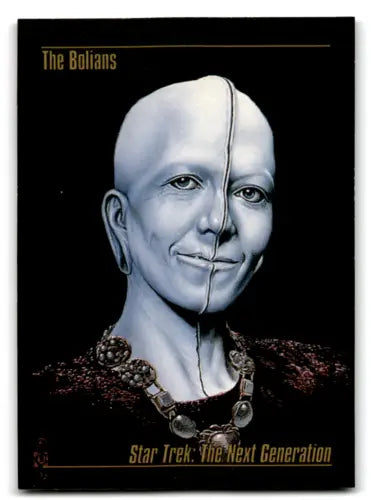 Split-face portrait of a pale blue-skinned alien from Skybox Star Trek Master Series