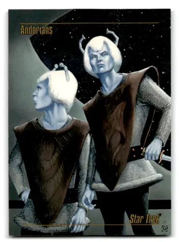 Trading card of Andorian aliens in gray-brown uniforms from Skybox Star Trek series