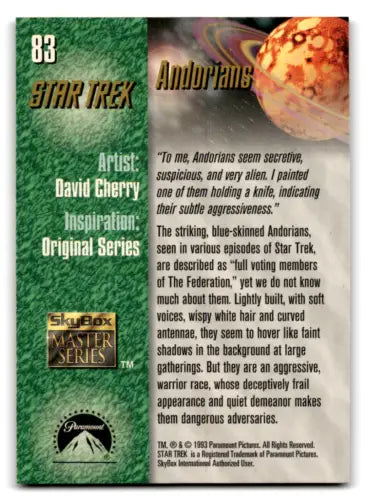 Star Trek trading card displaying Andorian species info from Skybox Star Trek Master Series