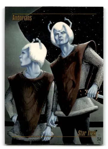 Trading card of two Andorian aliens in brown clothing from Skybox Star Trek Master Series