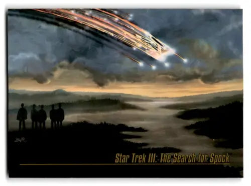 Three silhouetted figures watch a flaming object in Skybox Star Trek original gloss