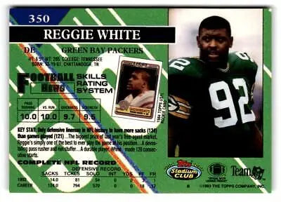 1993 Stadium Club #350 Reggie White trading card featuring a legendary football player