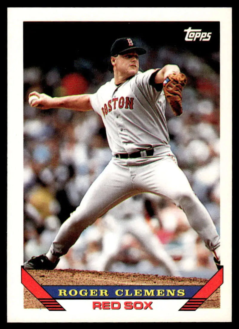 Baseball card of Roger Clemens in mid-throw for Boston Red Sox, 1993 Topps #4