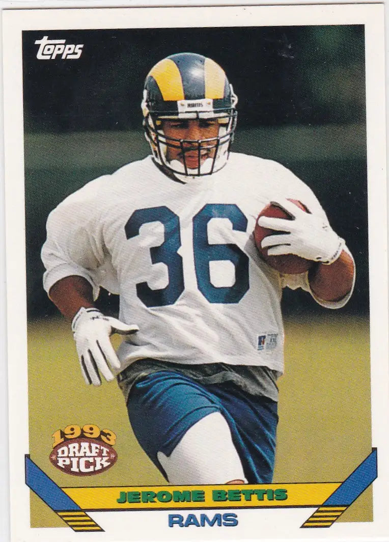 1993 Topps NFL trading card of Jerome Bettis RC Rookie Rams player practice jersey 36