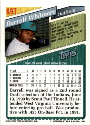 Original gloss baseball card of Darrell Whitmore, 1993 Topps #697 Florida Marlins RC