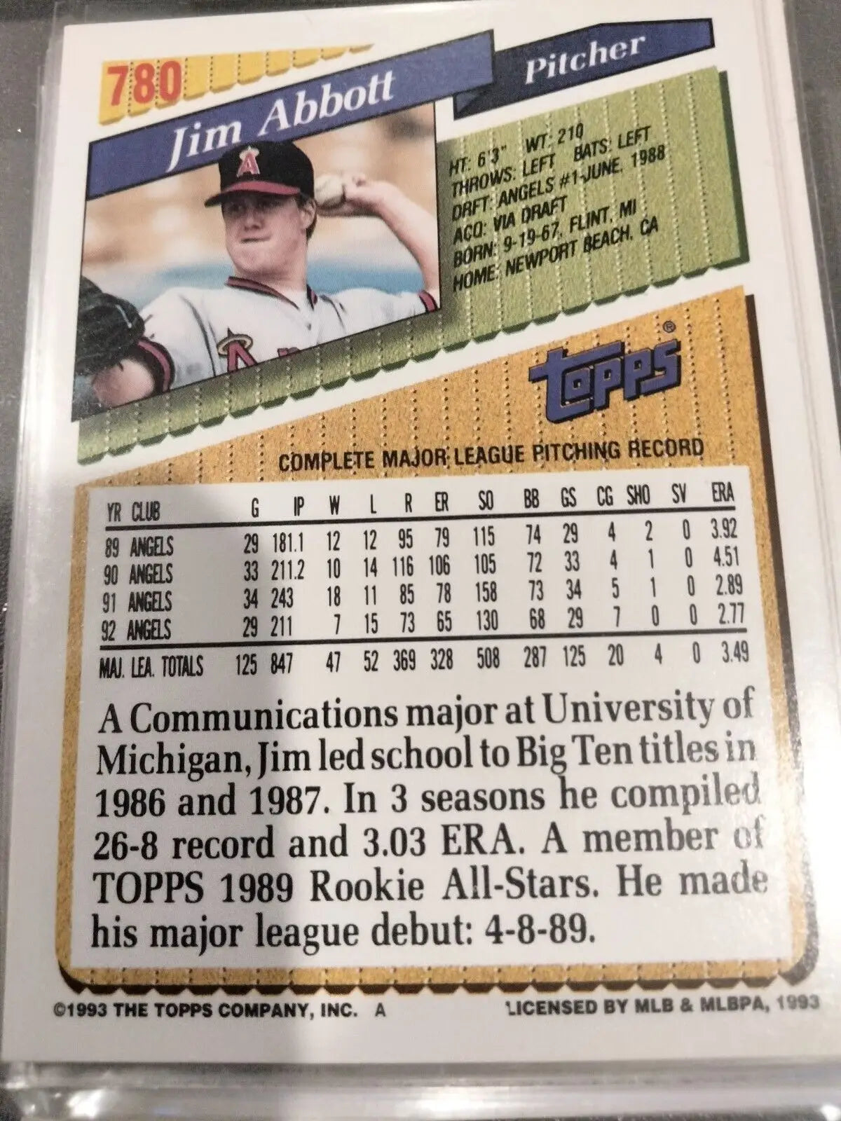 Jim Abbott baseball card from the 1993 Topps Inaugural Marlins collection