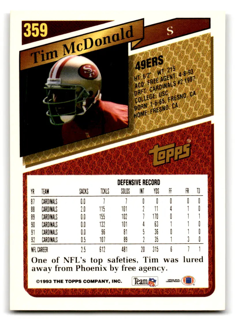 Tim McDonald football card from 1993 Topps Gold 49ers with original gloss finish