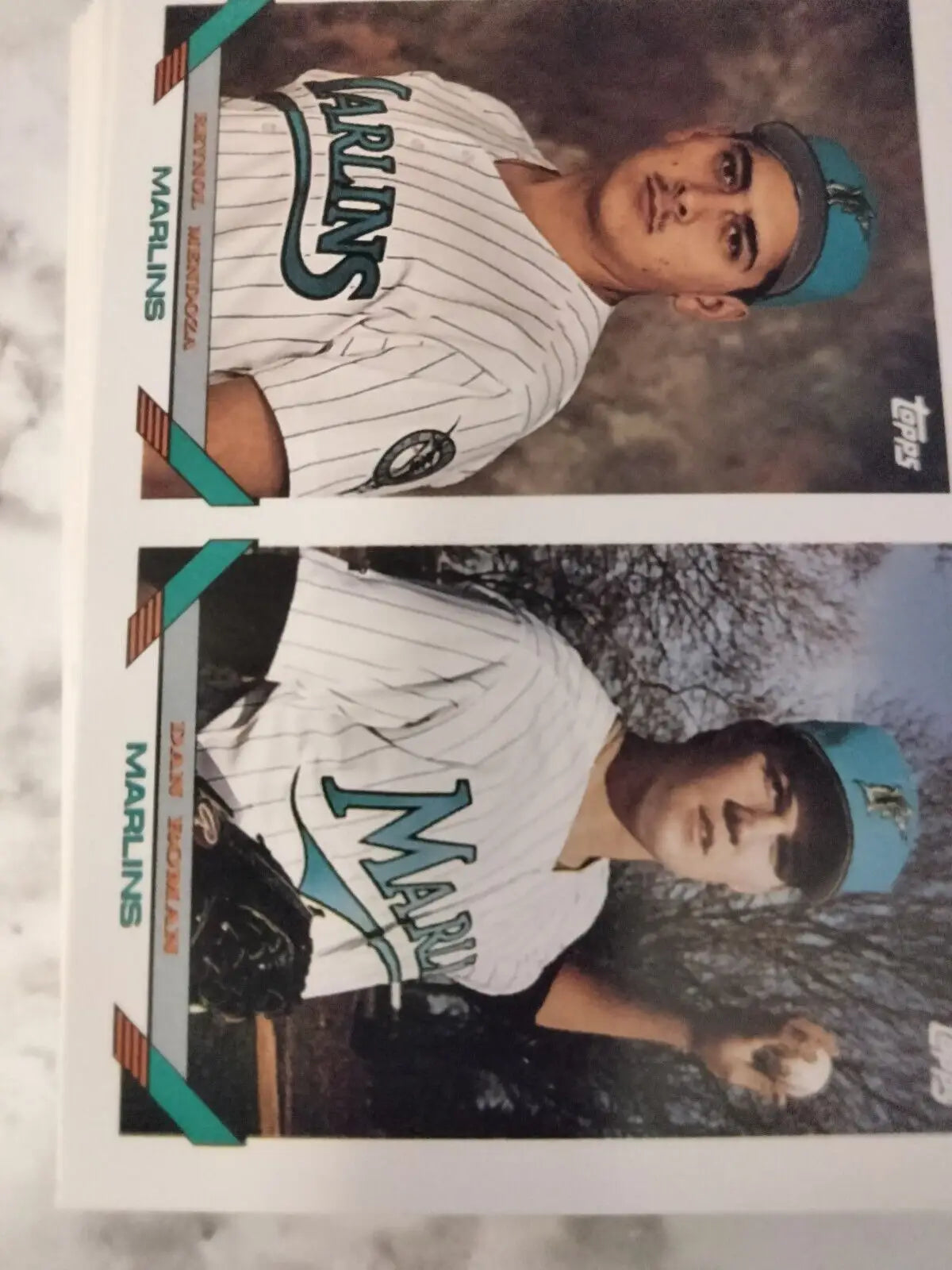 Two trading cards featuring Future Stars of the Florida Marlins Rey Mendoza and Dan Roman