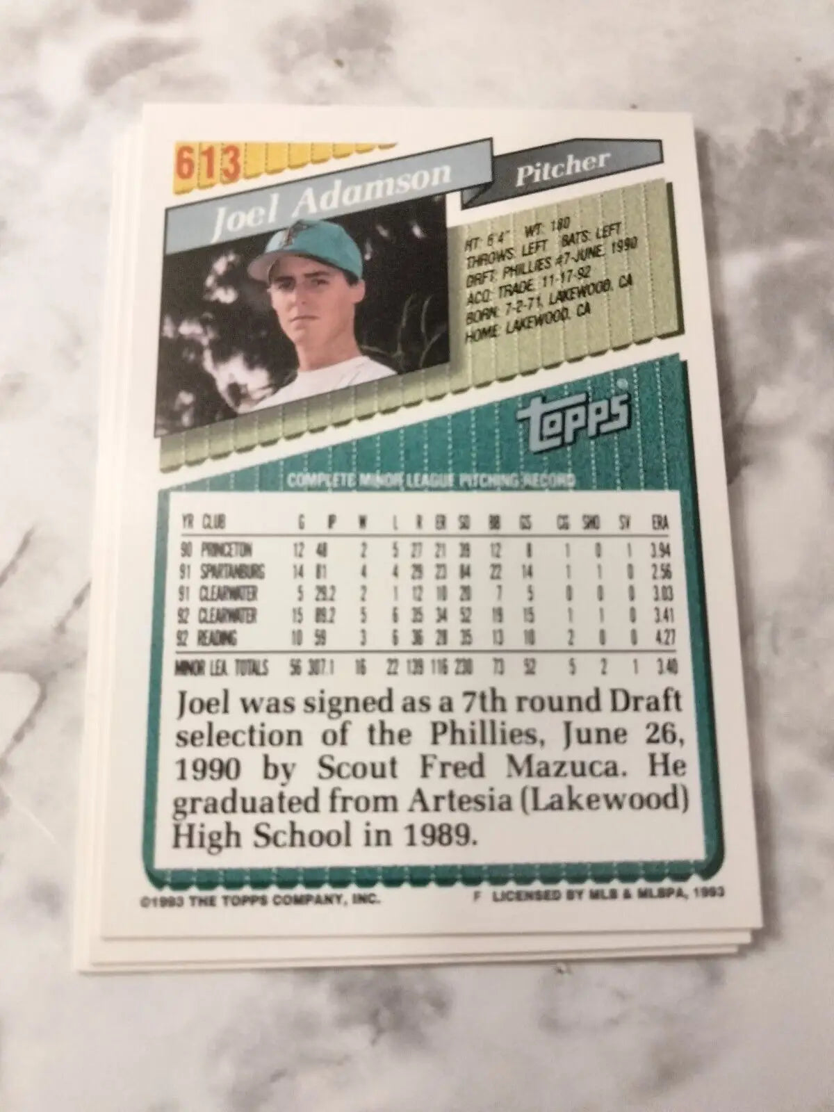 1993 Topps Inaugural Florida Marlins #613 Joel Adamson baseball card collectible