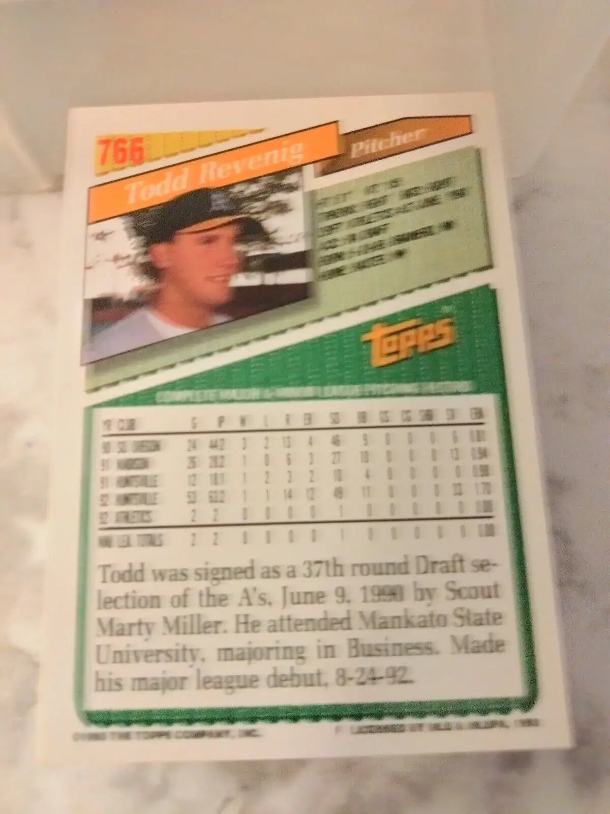 Todd Revenig Athletics trading card from 1993 Topps Inaugural Rockies #766