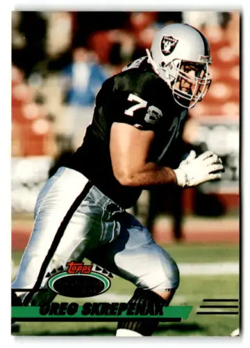 Football player in Raiders uniform from 1993 Topps Stadium Club #385 Greg Skrepenak