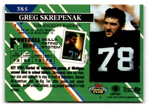 1993 Topps Stadium Club #385 Greg Skrepenak football card featuring original gloss finish