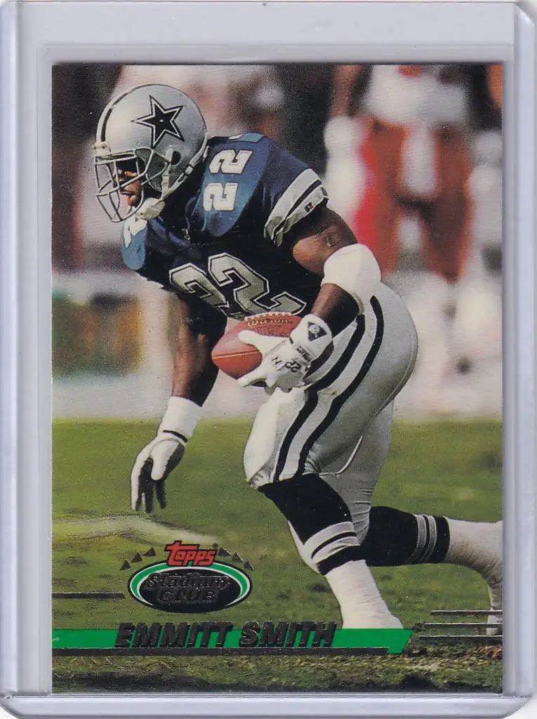 Football trading card of Emmitt Smith Dallas Cowboys in action from Topps Stadium Club