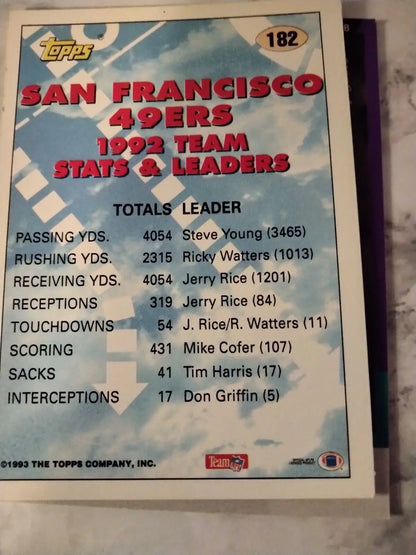 1992 San Francisco 49ers team stats trading card featuring Jerry Rice from Topps