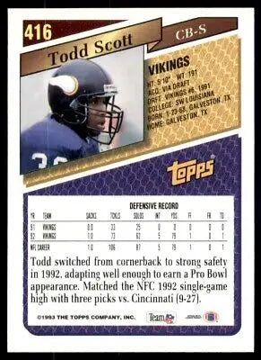 Todd Scott football card from 1993 Topps Minnesota Vikings with text-align center design