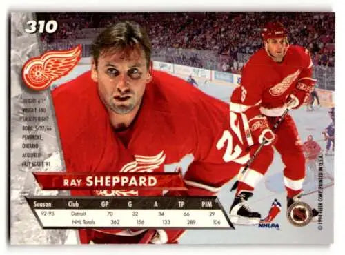 Hockey trading card of Ray Sheppard Detroit Red Wings in original gloss red uniform