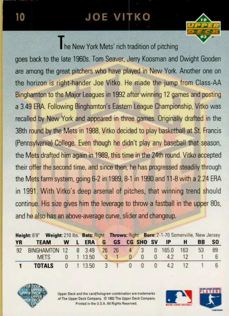 Baseball card featuring Joe Vitko statistics from Upper Deck for New York Mets