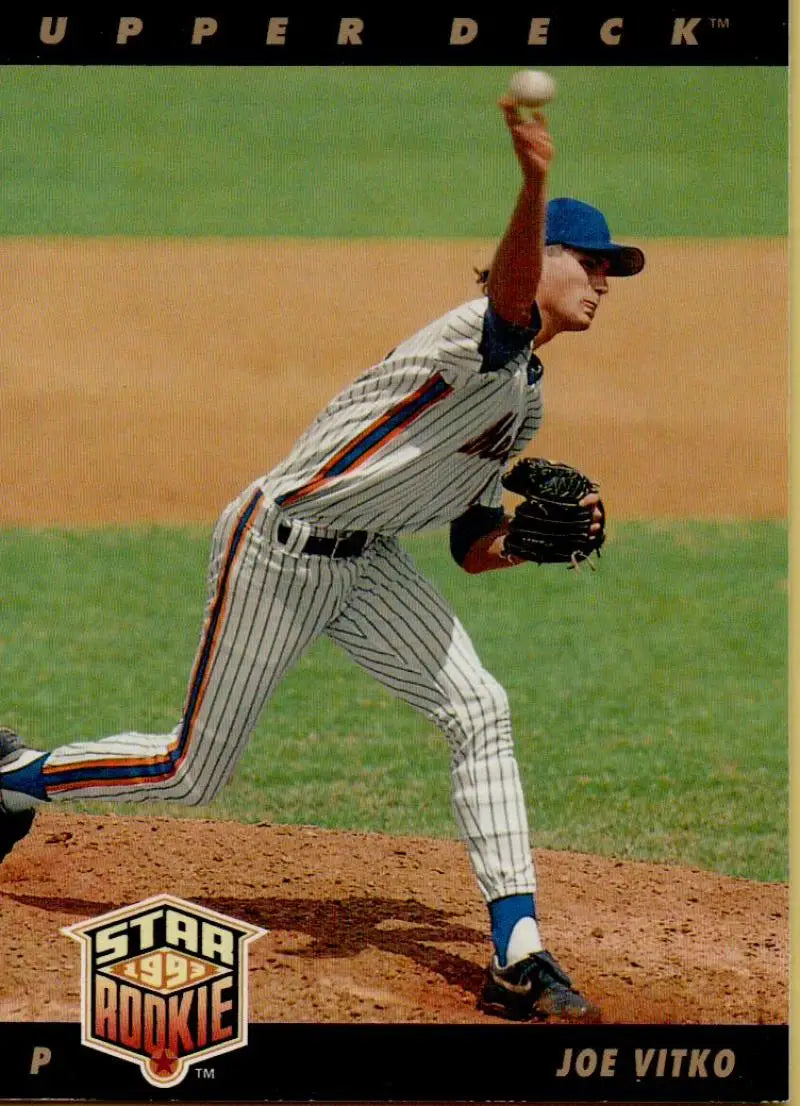 Joe Vitko in pinstriped uniform pitching on the mound baseball card by Upper Deck