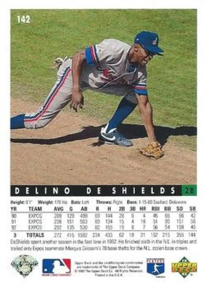 Delino DeShields fielding in defensive stance on Montreal Expos baseball card