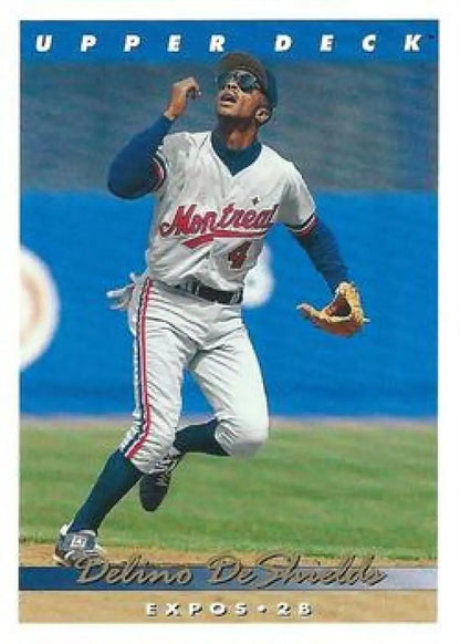 Montreal Expos baseball card of Delino DeShields making a fielding play