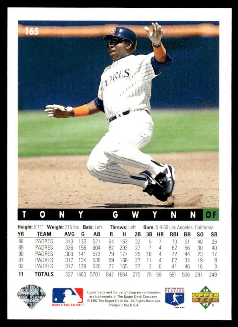 Tony Gwynn sliding into base in a San Diego Padres baseball card, 1993 Upper Deck