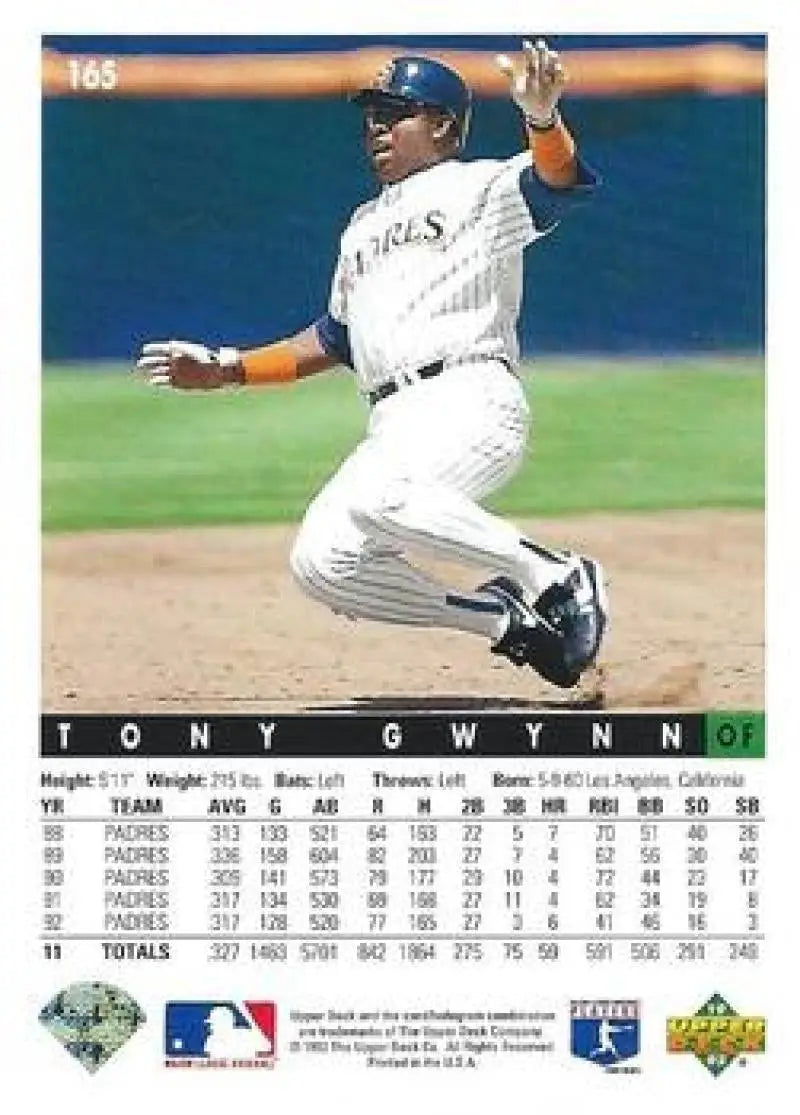 Baseball card of Tony Gwynn sliding into base in San Diego Padres uniform